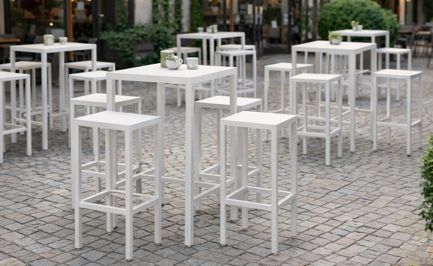 stolik barowy Iseo, stolik barowy Greenwood, stolik barowy metalowy, stolik do ogródka restauracyjnego, stolik do restauracji, stolik outdoorowy, stolik odporny na warunki atmosferyczne, stolik sztaplowany