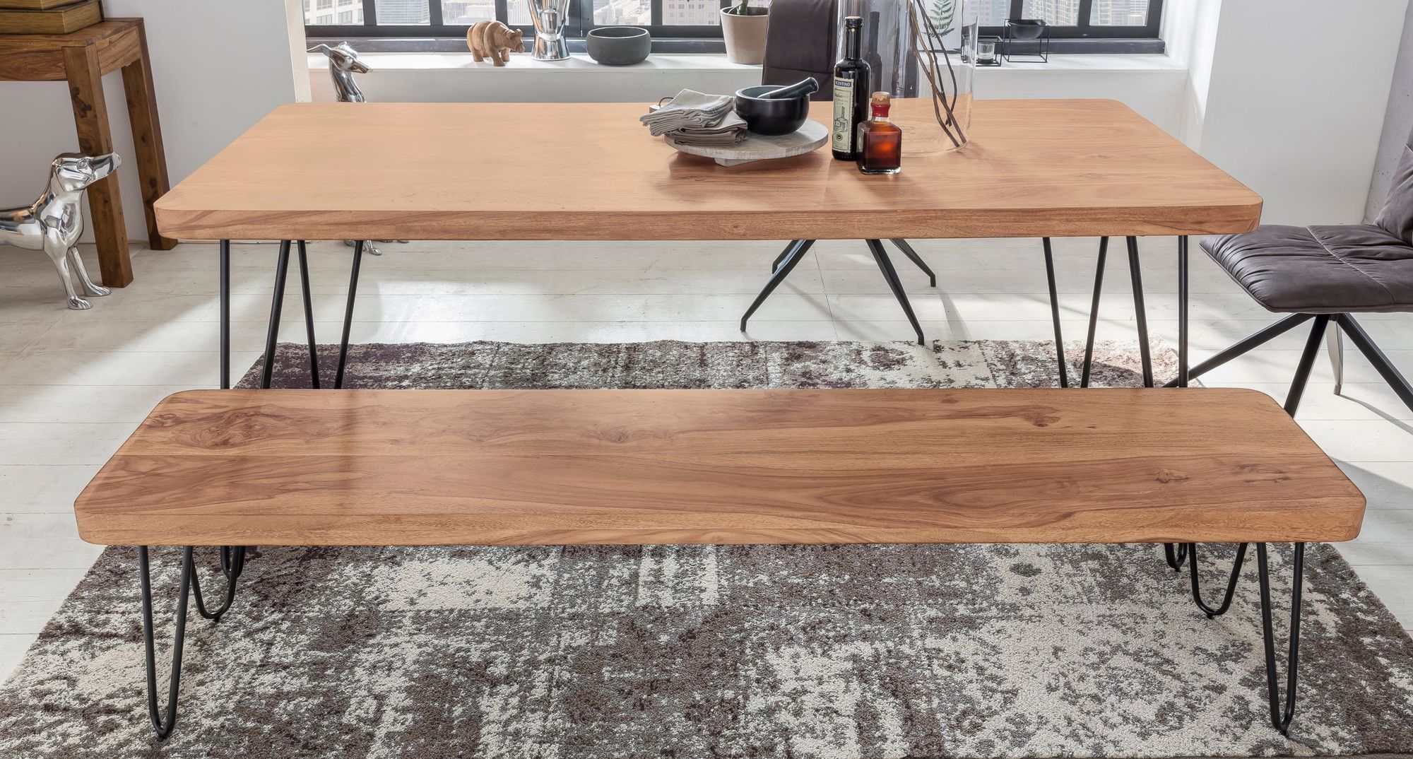 ławka Wohnling, ławka z drewna akacjowego, ławka drewniana, ławka do jadalni, styl industrialny