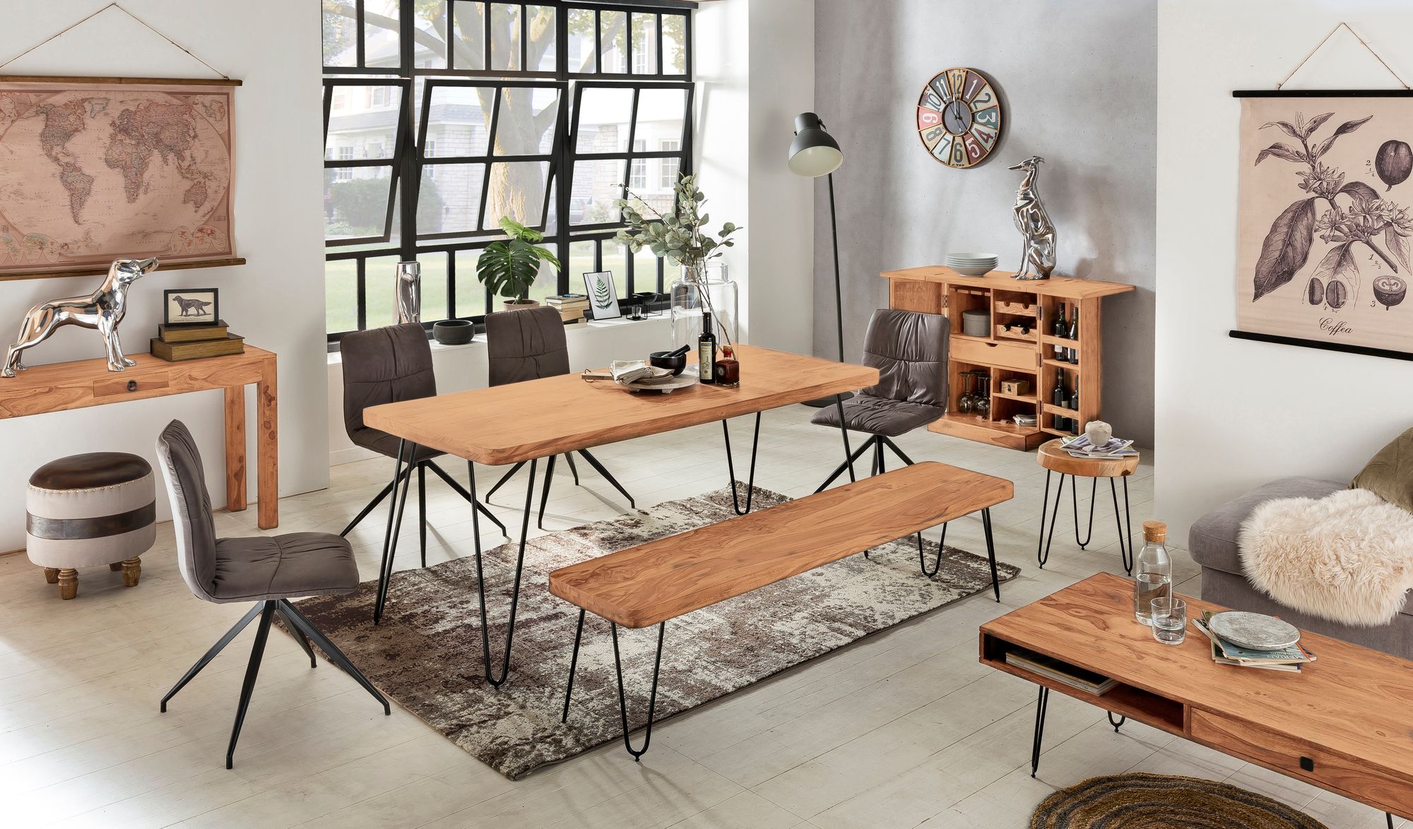 ławka Wohnling, ławka z drewna akacjowego, ławka drewniana, ławka do jadalni, styl industrialny