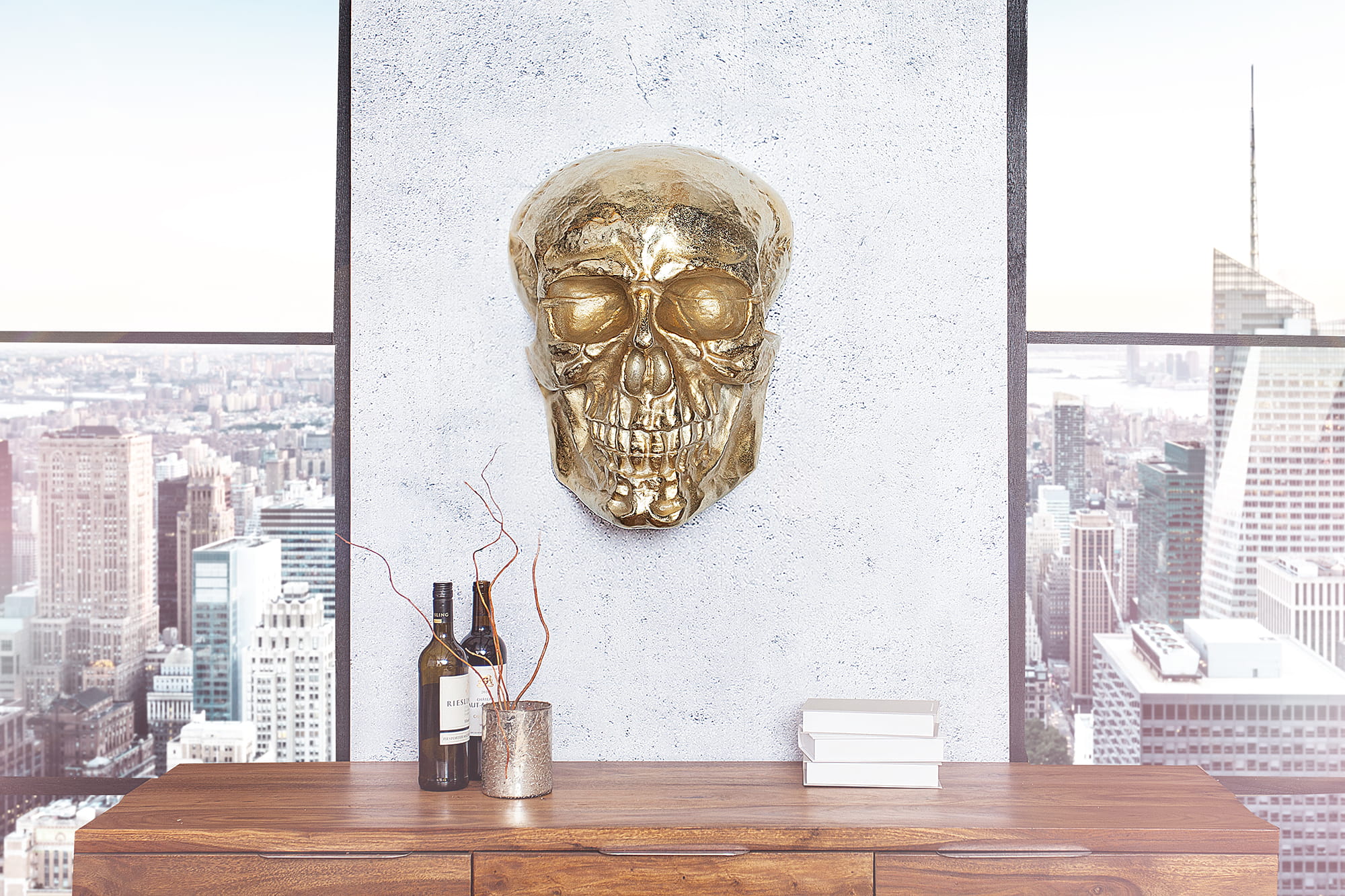 Dekoracja ścienna Skull 40cm Invicta, element dekoracyjny wnętrza, wysoka jakość prezentowanego produktu, w kolorze srebrnym i złotym