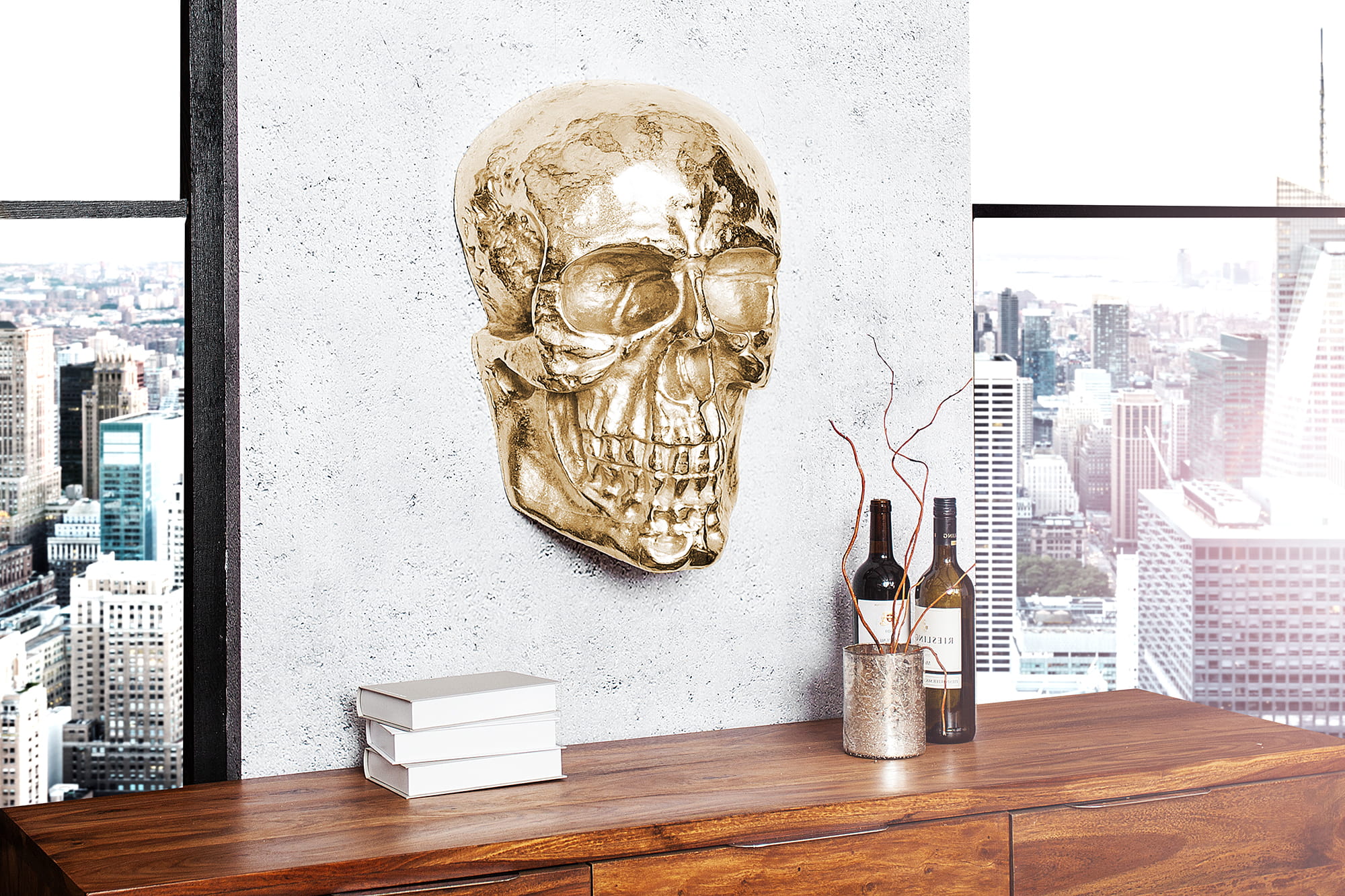 Dekoracja ścienna Skull 40cm Invicta, element dekoracyjny wnętrza, wysoka jakość prezentowanego produktu, w kolorze srebrnym i złotym