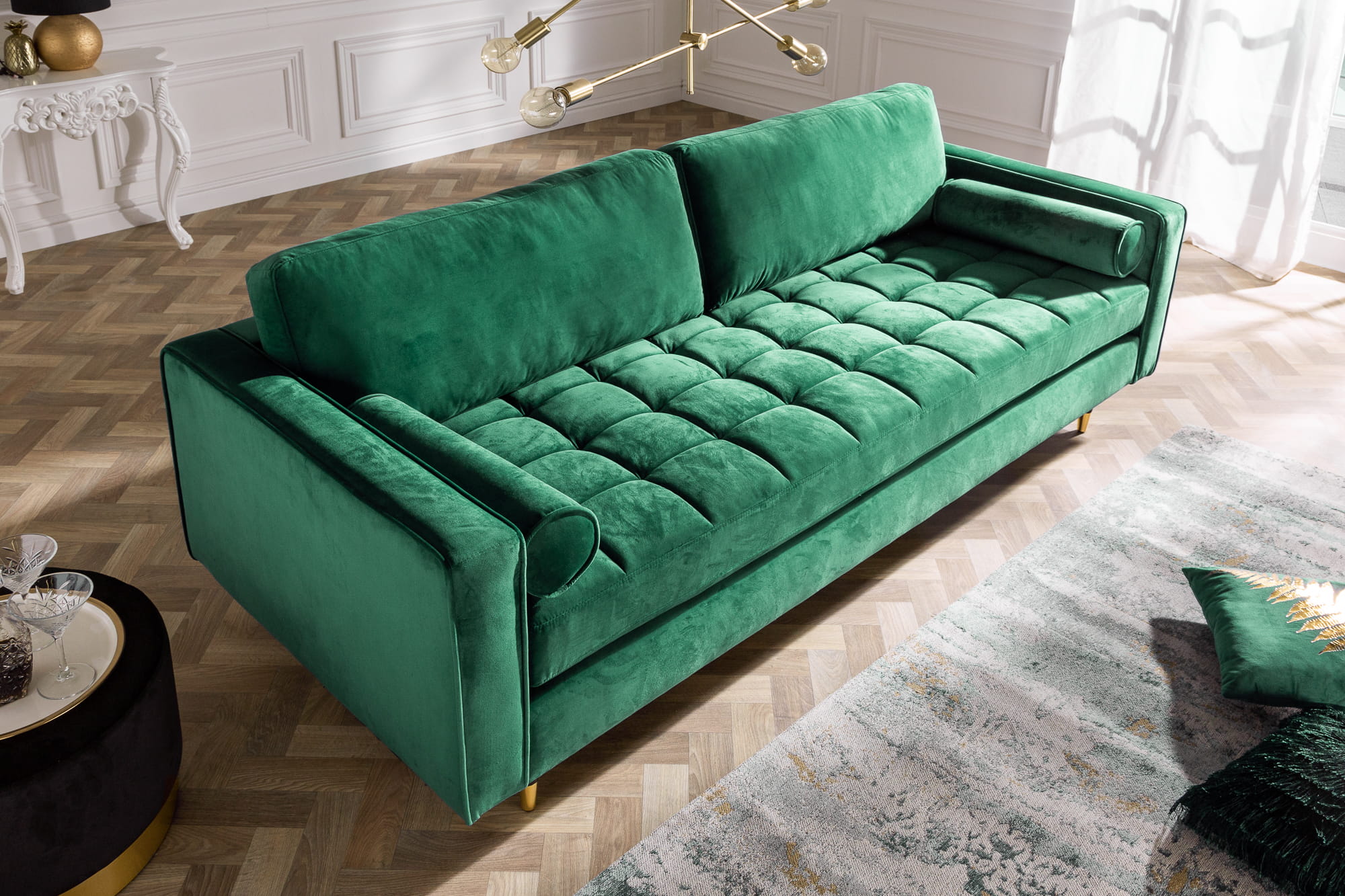 Sofa Nice 225 cm szmaragdowy z aksamitu i nogi z litego drewna wysoka jakość prezentowanego barokowy styl